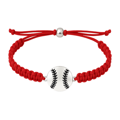 Red softball rope bracelet with silver baseball charm, perfect for girls softball gifts and team spirit.