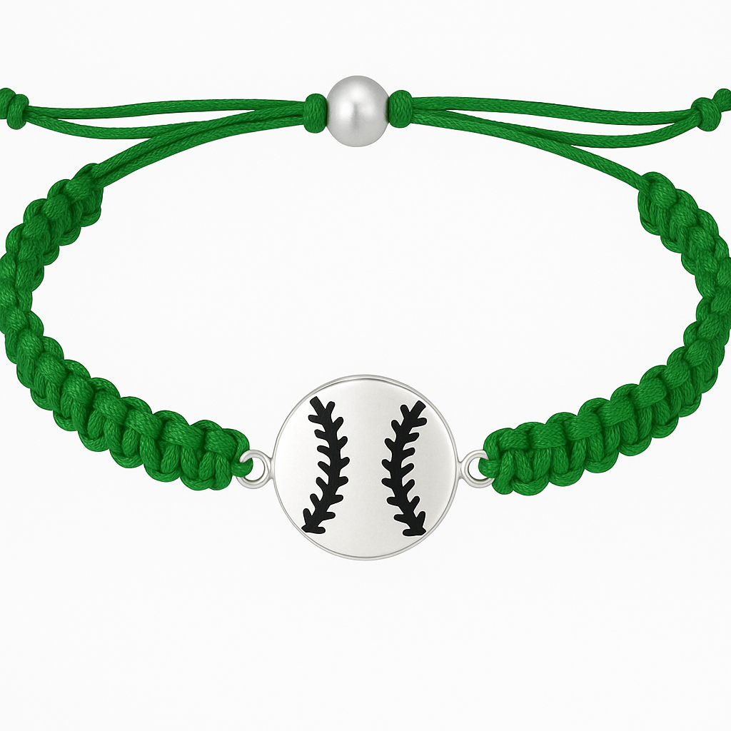 Green rope bracelet featuring a silver baseball charm, perfect for girls softball gifts and showing team spirit.