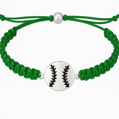 Green rope bracelet featuring a silver baseball charm, perfect for girls softball gifts and showing team spirit.