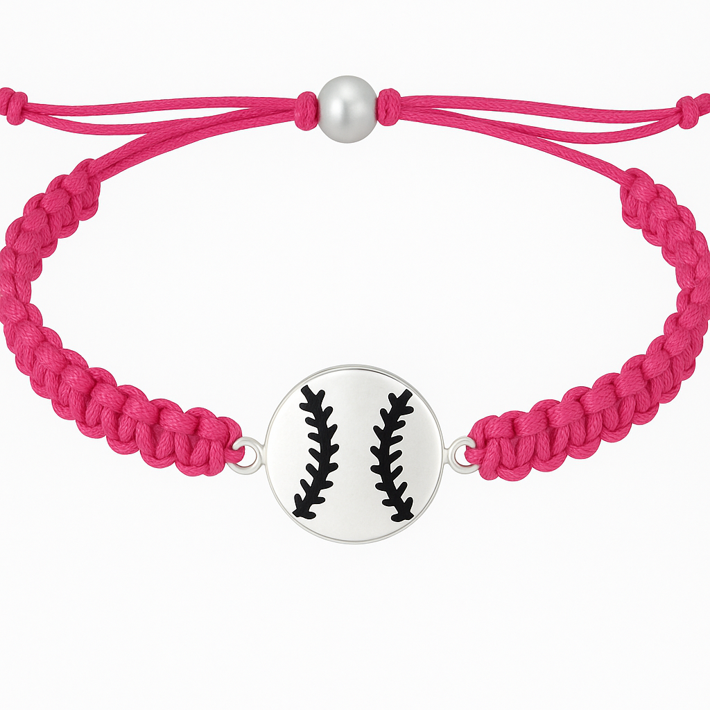 Pink softball rope bracelet with silver baseball charm, ideal for girls softball fans and gifts.