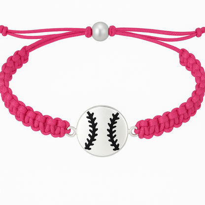 Pink softball rope bracelet with silver baseball charm, ideal for girls softball fans and gifts.