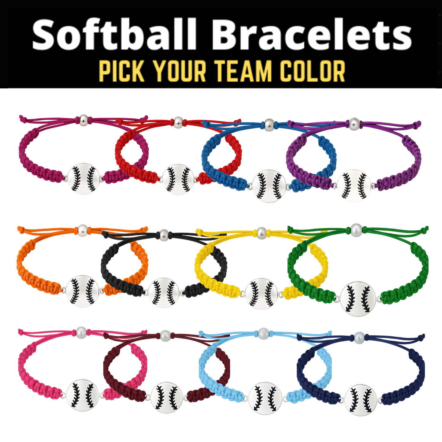 Colorful softball rope bracelets displayed in rows, showcasing options for team spirit and softball gifts.