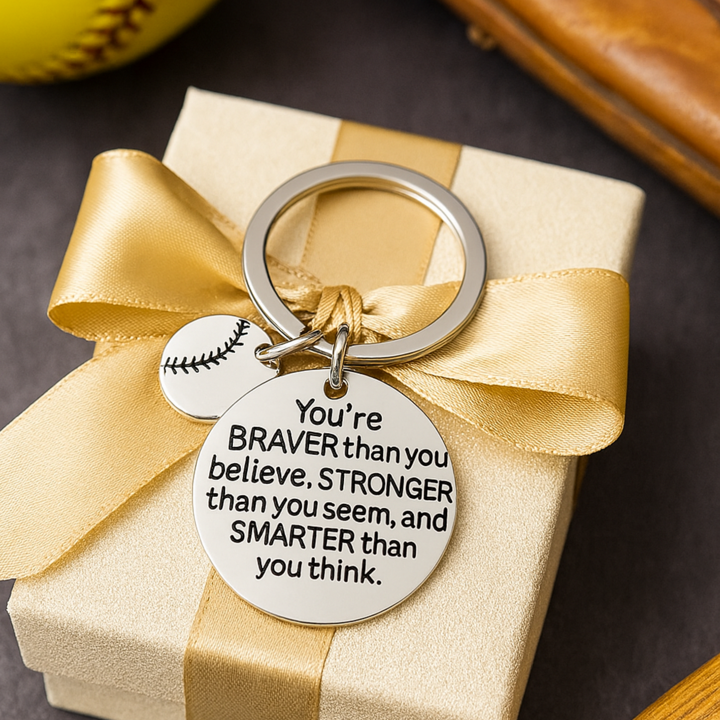 Inspirational softball keychain displayed in gift box with yellow bow, perfect for athletes