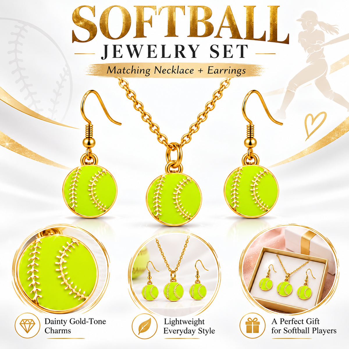 Softball Necklace & Earrings Gift Set