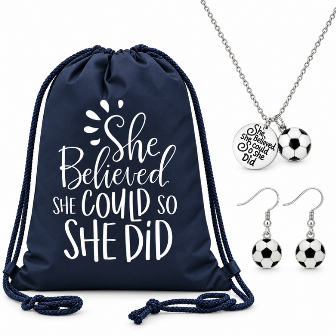Soccer Gift Set with Drawstring Bag, Necklace & Earrings