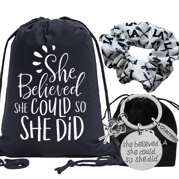 Lacrosse She Believed She Could So She Did Drawstring and Keychain Gift Bundle