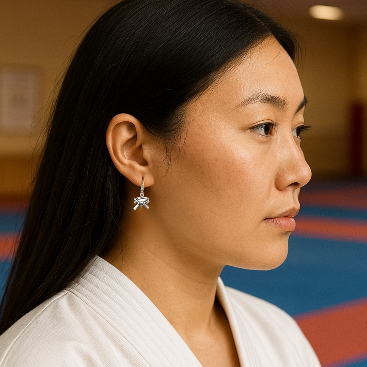 Woman modeling silver martial arts belt earrings, showcasing their elegant and lightweight design