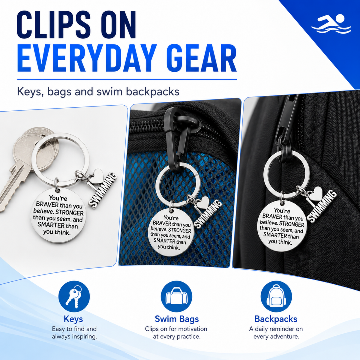 Swim Keychain- Inspirational You’re Braver than you Believe