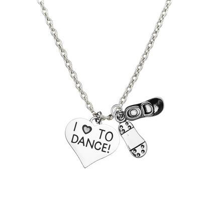 Tap dance necklace with heart charm 'I ❤️ TO DANCE!' and tap shoe charms, silver chain, perfect recital gift.