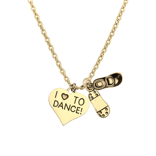 Gold tap dance necklace featuring heart charm 'I ❤️ TO DANCE!' and tap shoe charms, perfect recital gift.