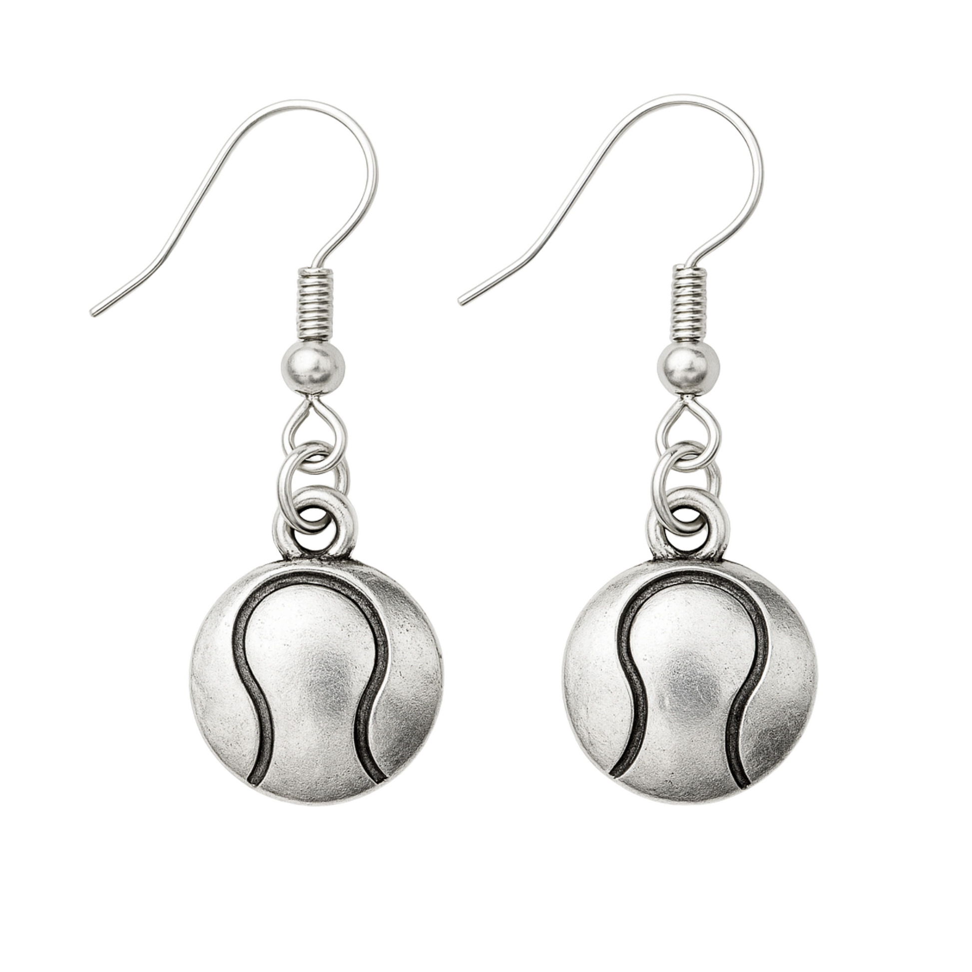 Silver-tone tennis ball dangle earrings with antique finish and stainless steel hooks