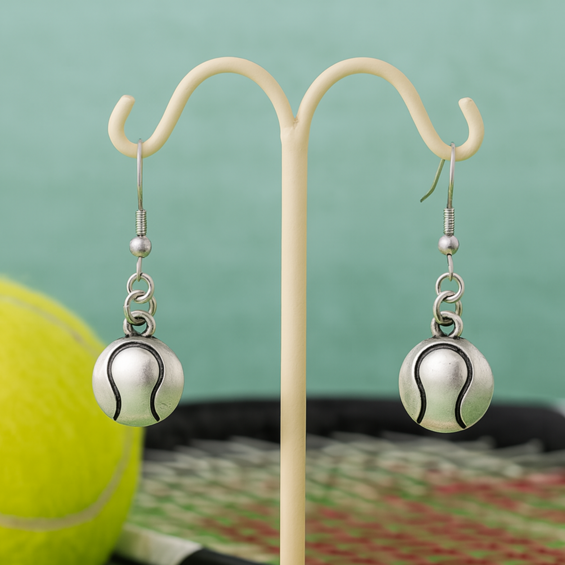 Tennis earrings displayed on earring stand with green background, showing size and detail