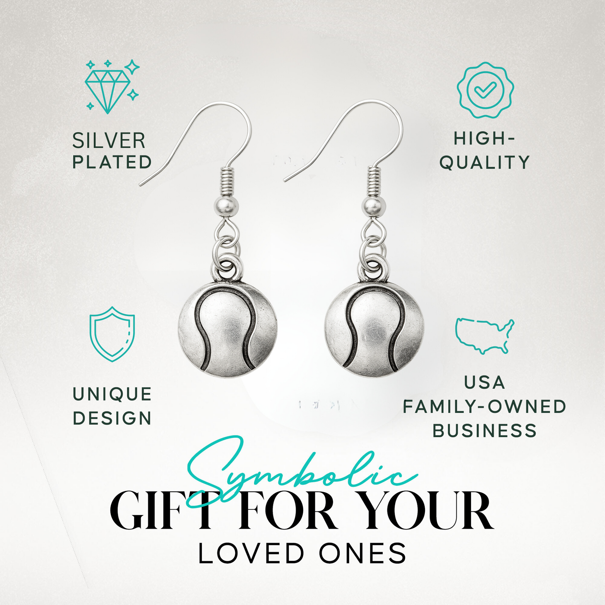  Gift-ready tennis earrings in packaging with icons for quality, hypoallergenic material