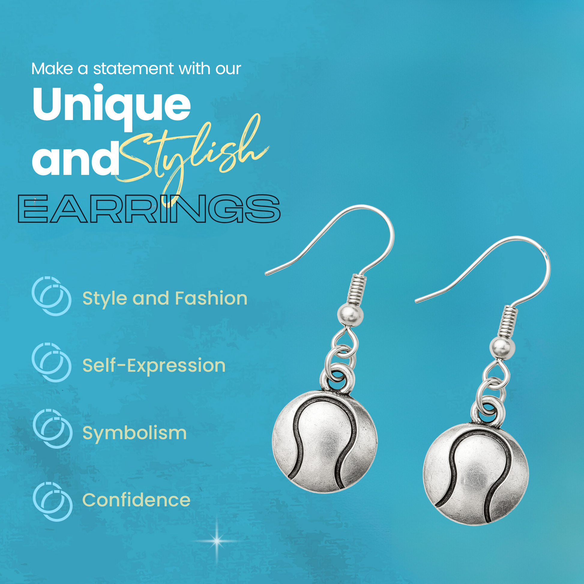 Blue feature card highlighting lightweight, durable, and stylish tennis earrings