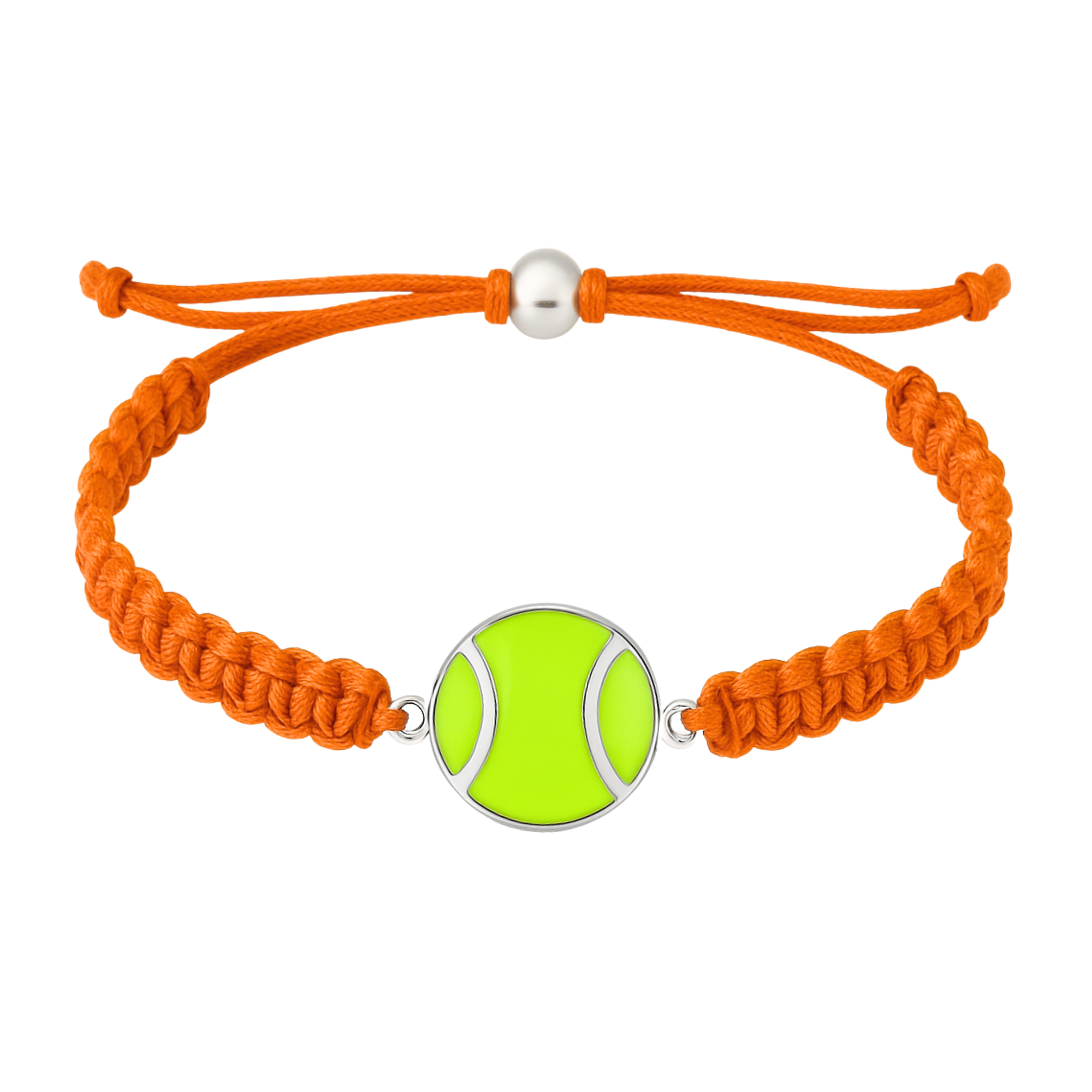 Orange braided tennis rope bracelet with neon green tennis ball charm and adjustable slip-knot closure