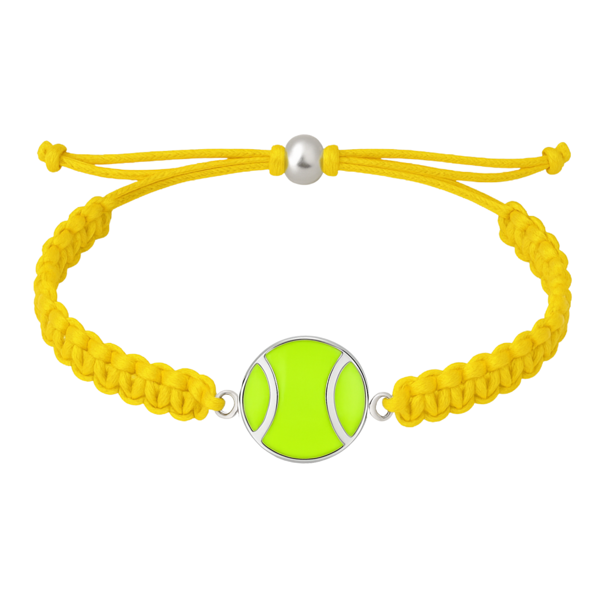 Yellow braided tennis rope bracelet with stainless steel closure and enamel tennis ball charm