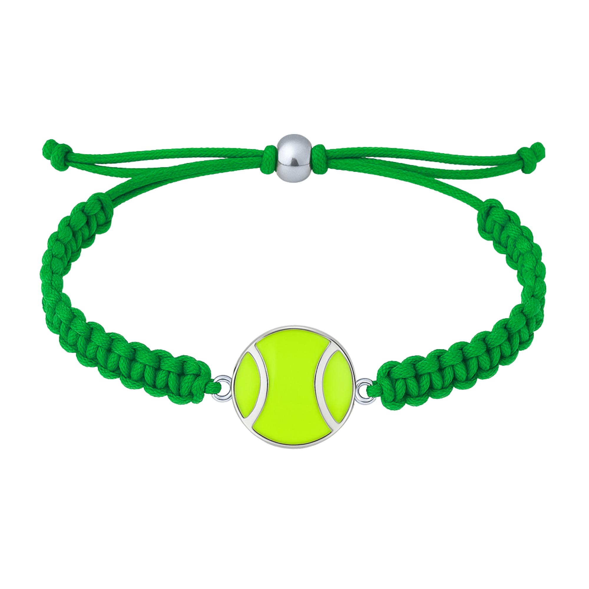 Green tennis bracelet with silver-tone adjustable clasp and bright tennis ball centerpiece