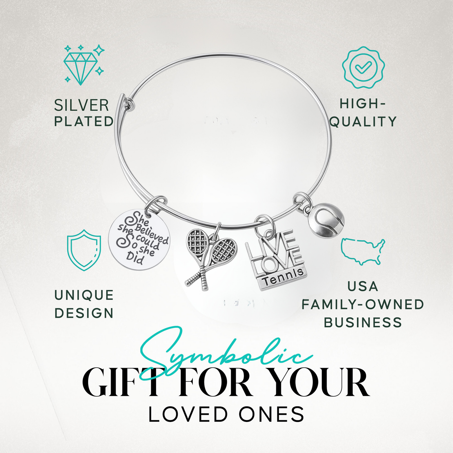 Tennis player gift bracelet with inspirational quote charm and racket pendant, featured in blue gift layout