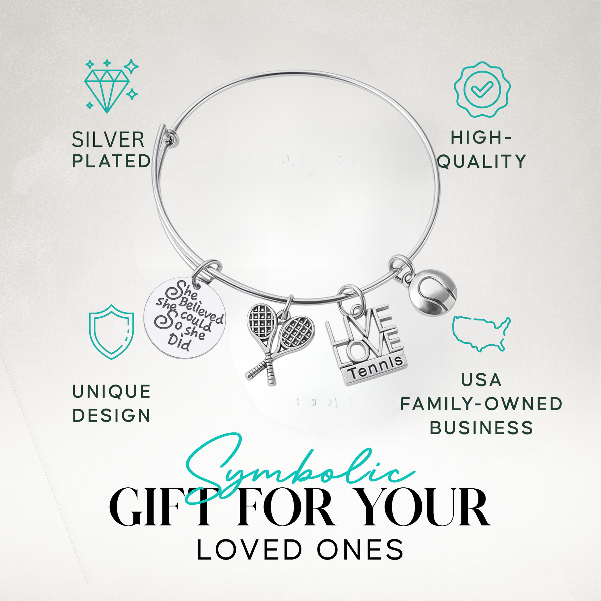 Tennis player gift bracelet with inspirational quote charm and racket pendant, featured in blue gift layout