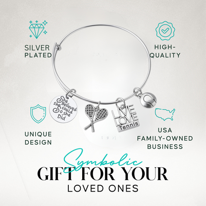Tennis player gift bracelet with inspirational quote charm and racket pendant, featured in blue gift layout