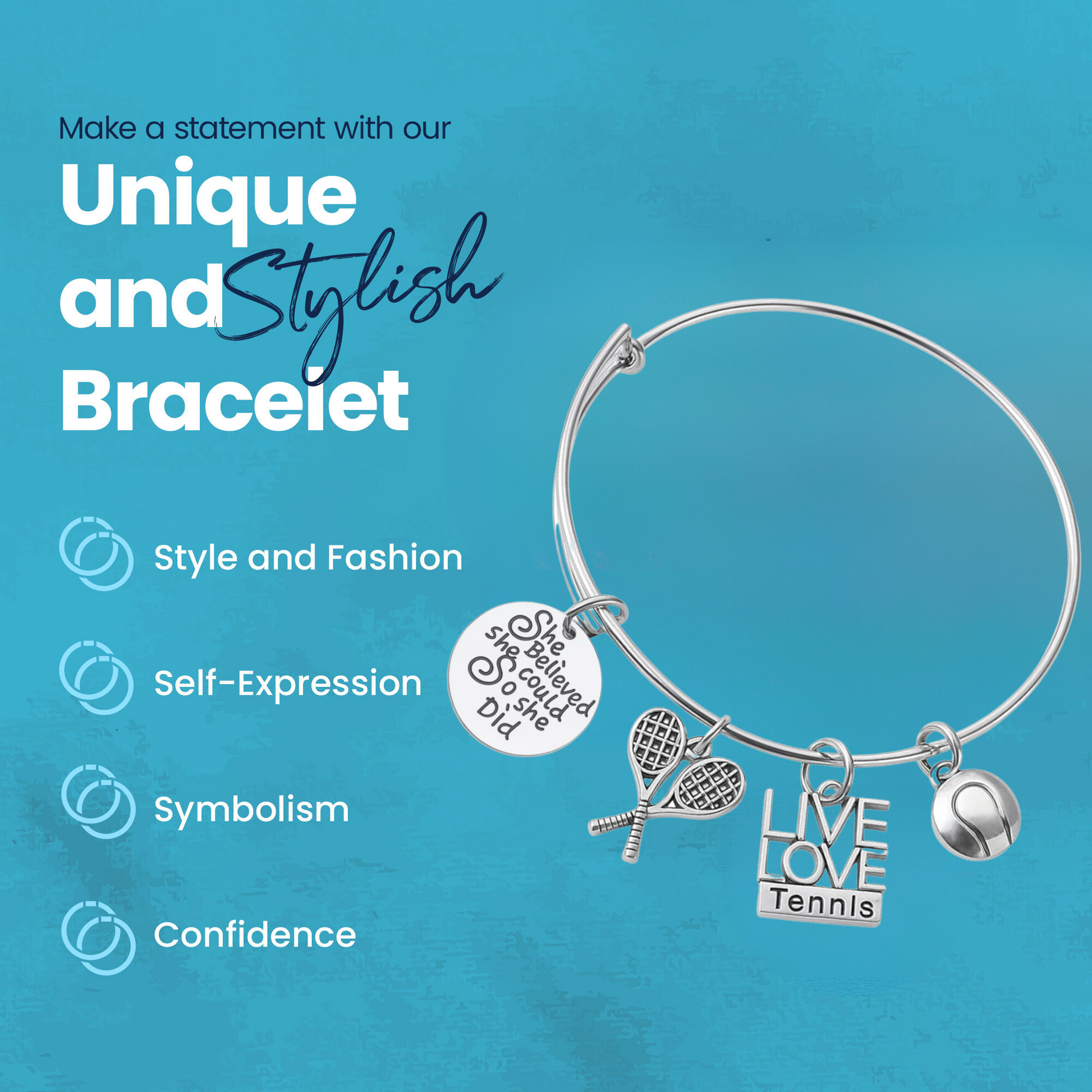 Tennis-themed charm bangle shown with gift pouch and tennis court props, ideal for teen girls and coaches