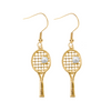 Gold-plated tennis racket pearl dangle earrings for tennis lovers