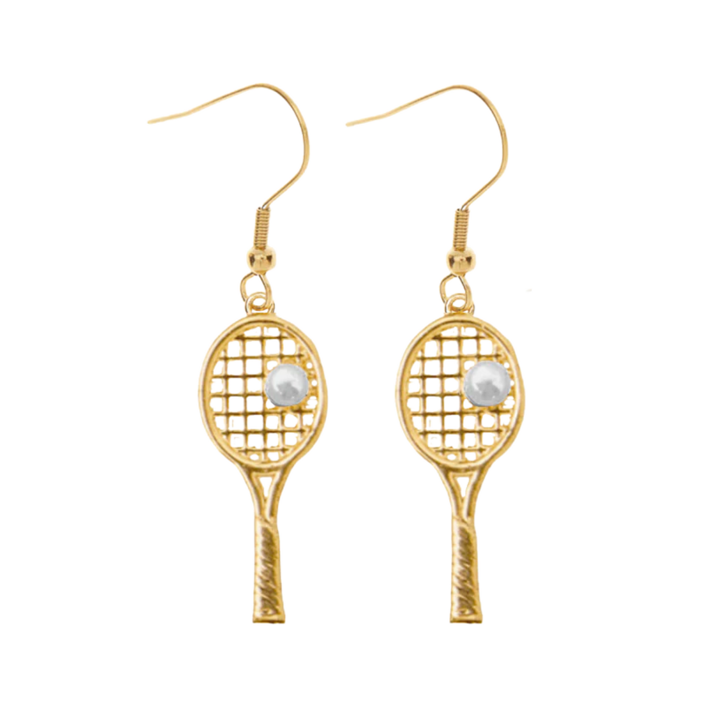 Gold-plated tennis racket pearl dangle earrings for tennis lovers