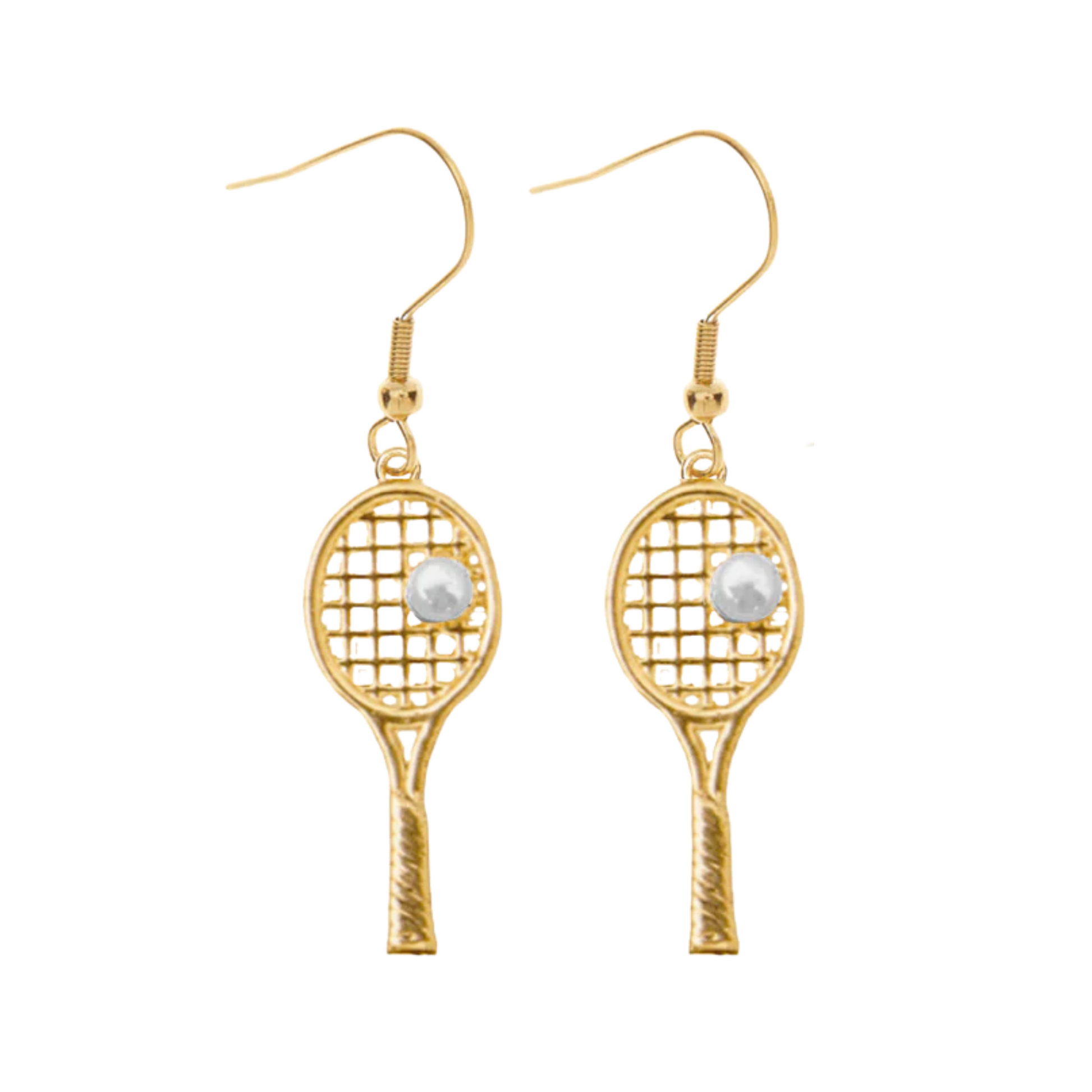 Gold-plated tennis racket pearl dangle earrings for tennis lovers