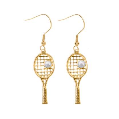 Gold-plated tennis racket pearl dangle earrings for tennis lovers