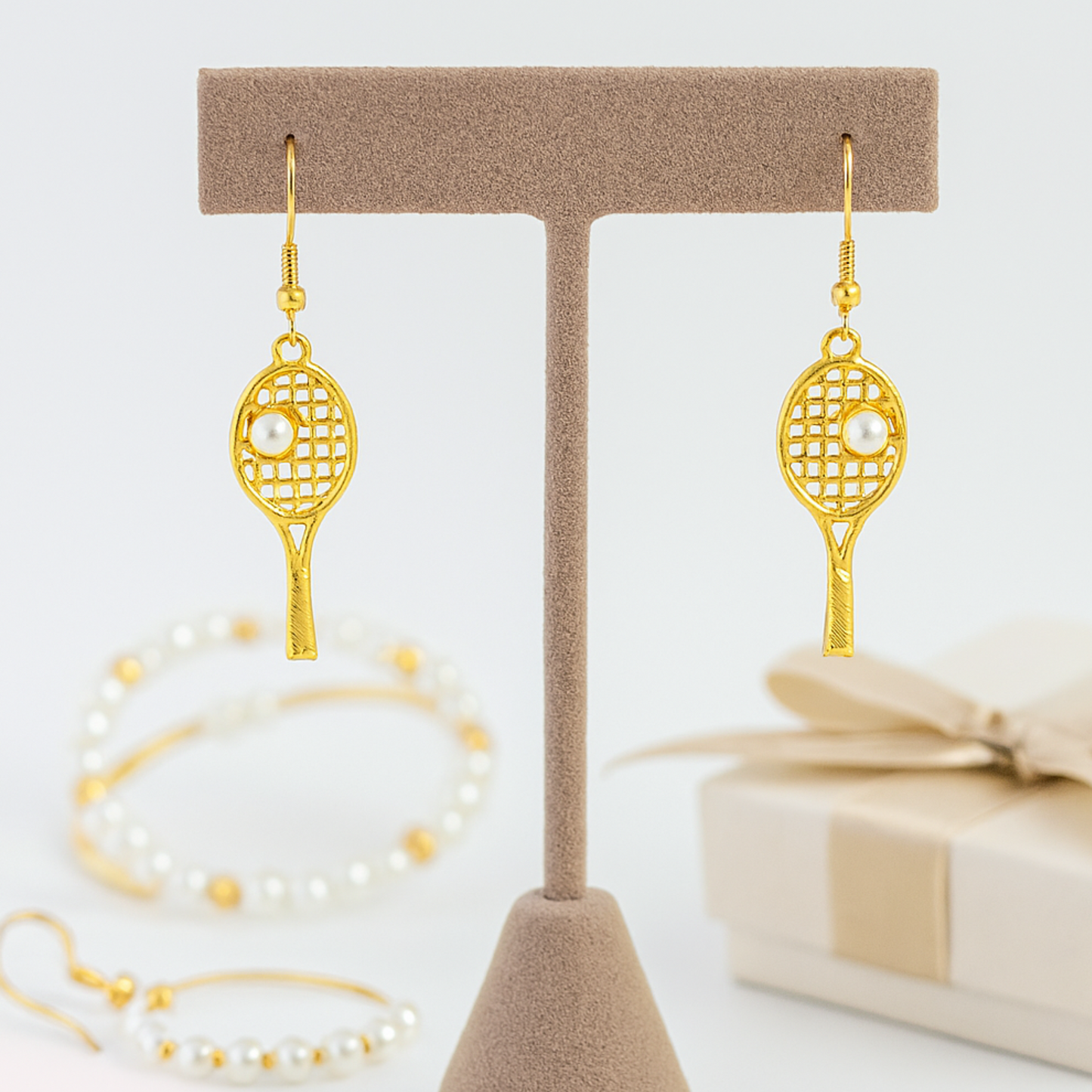 Gold tennis racket pearl dangle earrings displayed on jewelry stand