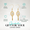 Tennis racket pearl earrings shown with free velvet jewelry gift pouch