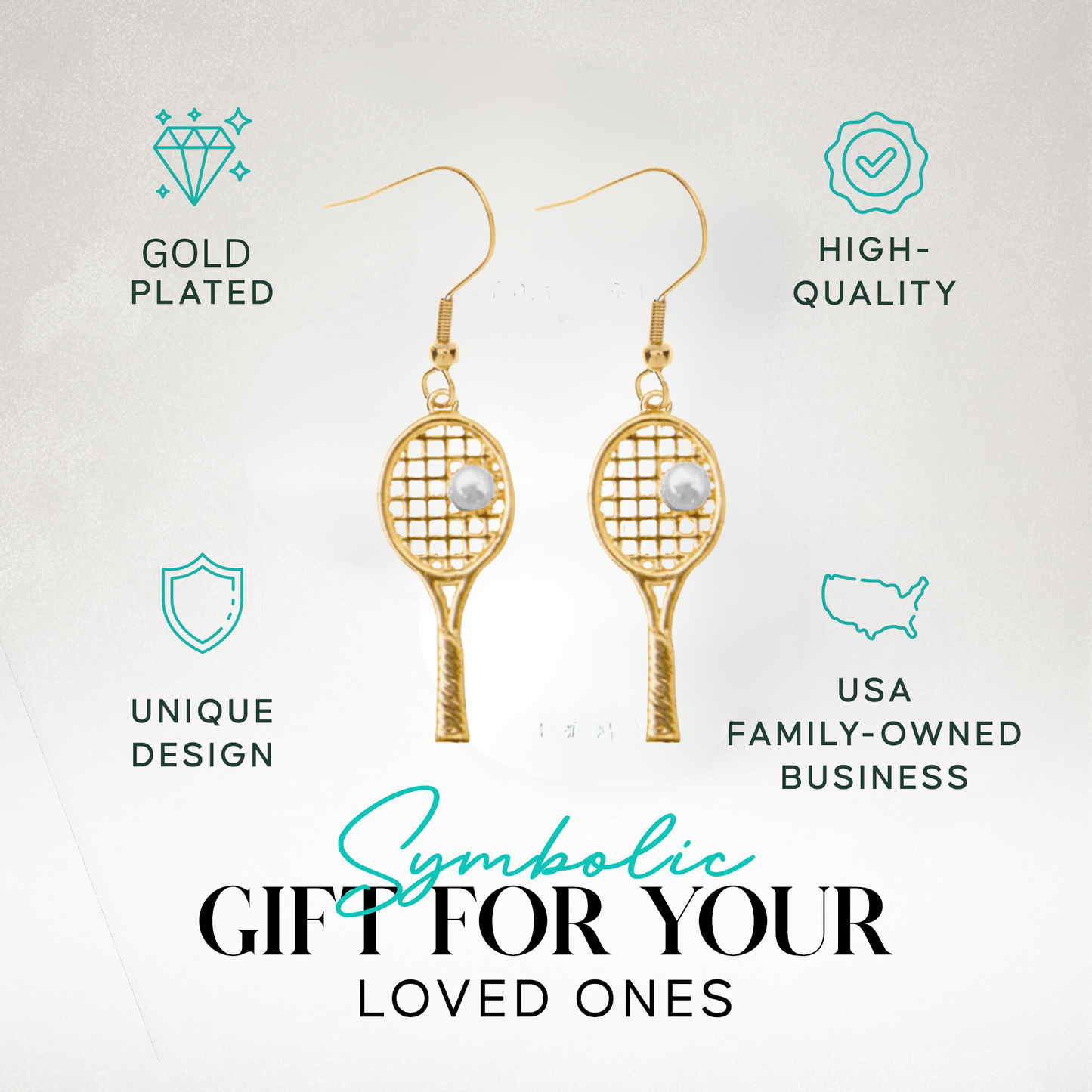 Tennis racket pearl earrings shown with free velvet jewelry gift pouch