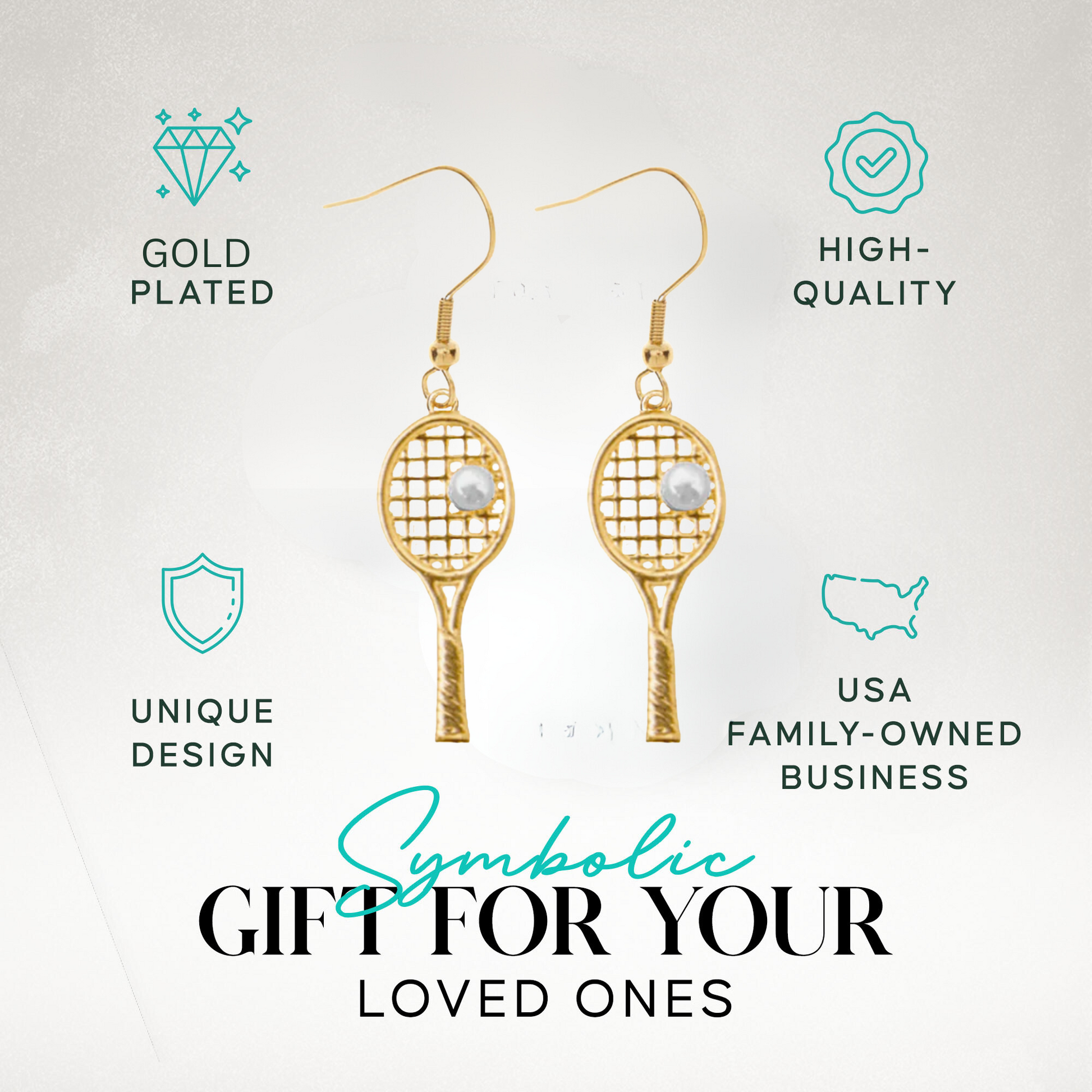 Tennis racket pearl earrings shown with free velvet jewelry gift pouch