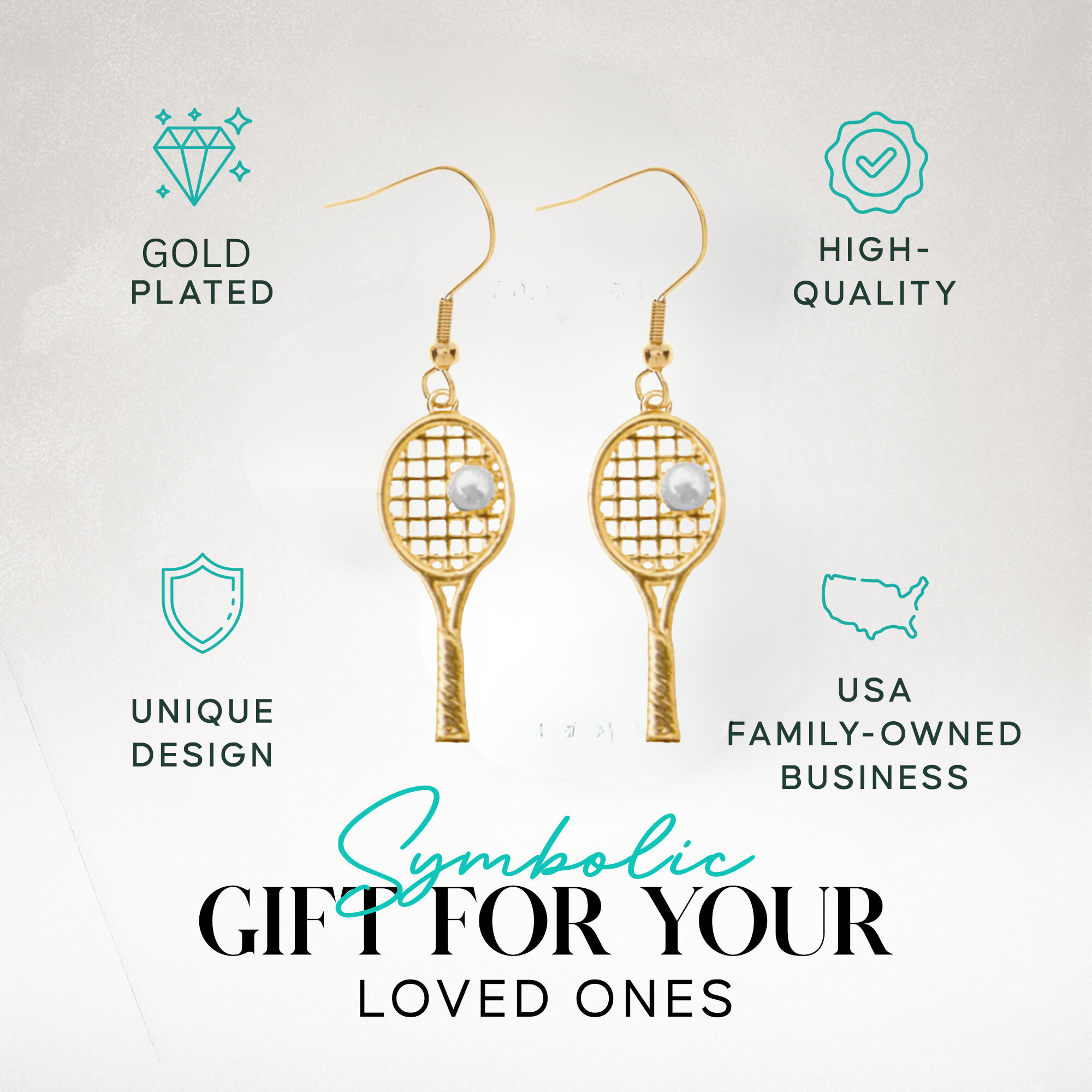 Tennis racket pearl earrings shown with free velvet jewelry gift pouch