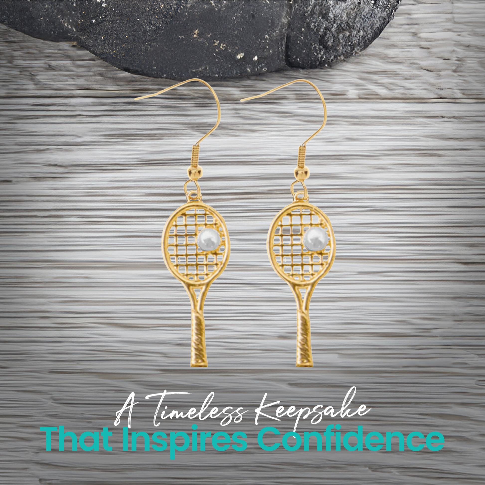 Gold tennis racket pearl earrings styled on rustic background