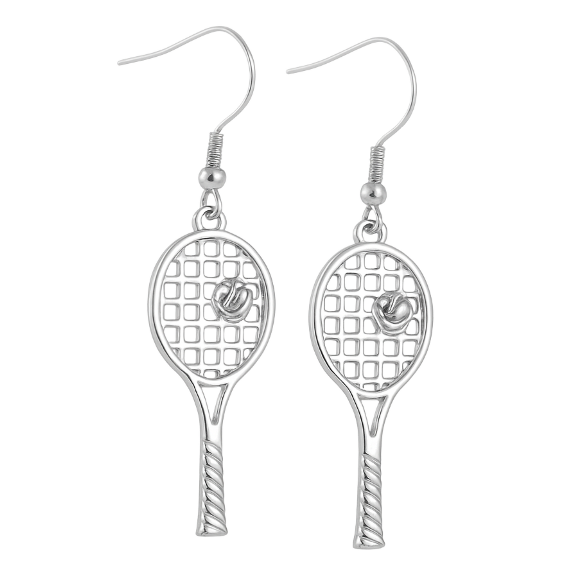 Silver tennis racket dangle earrings with fishhook ear wires