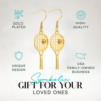 Gold tennis racket dangle earrings displayed with gift packaging
