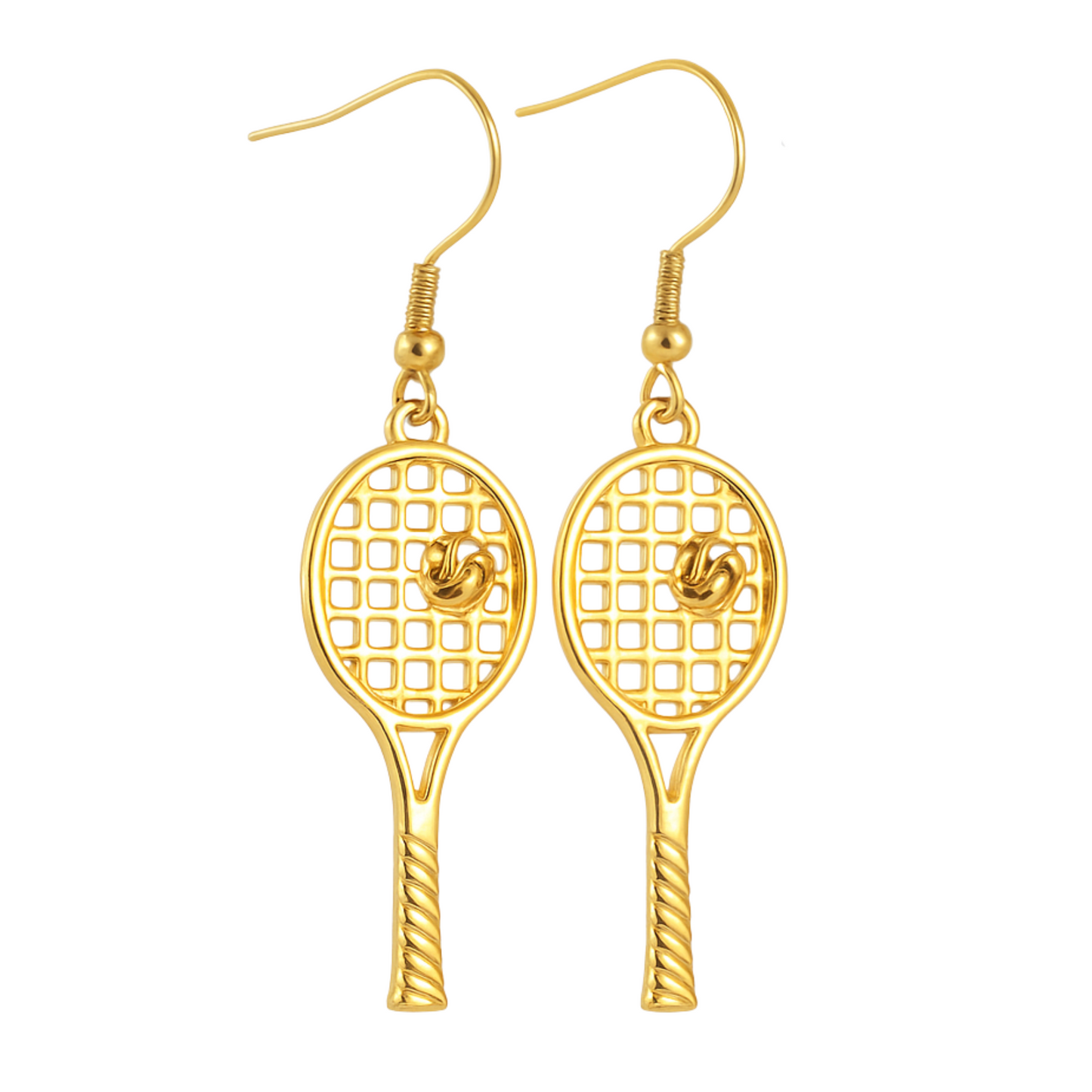 Gold-plated tennis racket dangle earrings with detailed string design