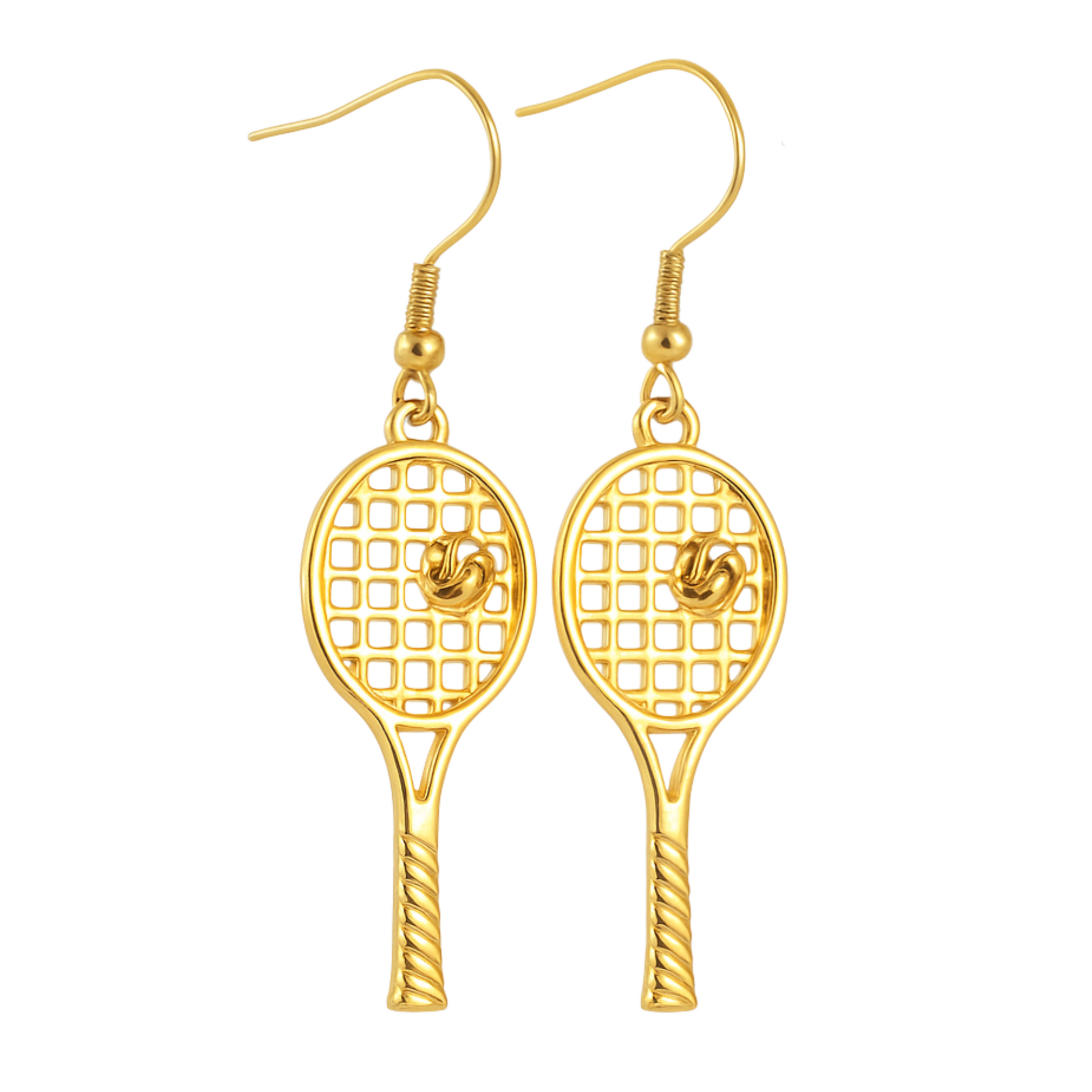 Gold-plated tennis racket dangle earrings with detailed string design