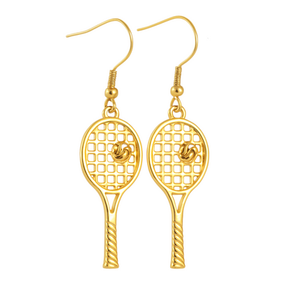 Gold-plated tennis racket dangle earrings with detailed string design