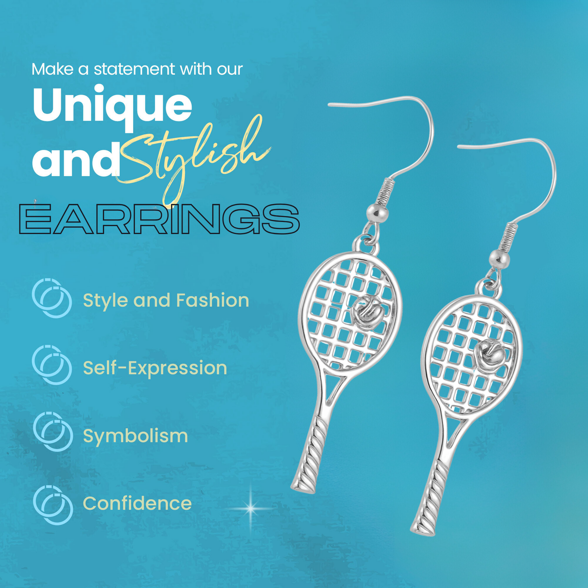 Silver tennis racket dangle earrings for tennis players