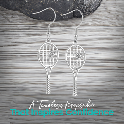 Gold and silver tennis racket earrings displayed on wood surface"
