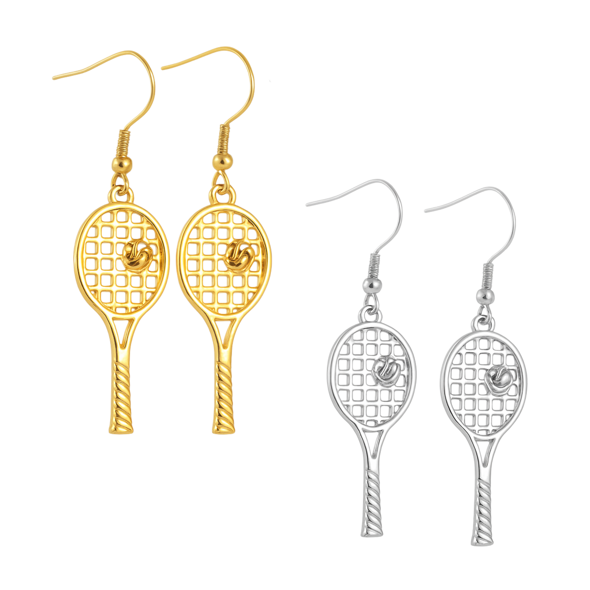 Gold and silver tennis racket dangle earrings for tennis lovers
