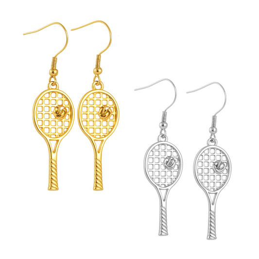 Gold and silver tennis racket dangle earrings for tennis lovers