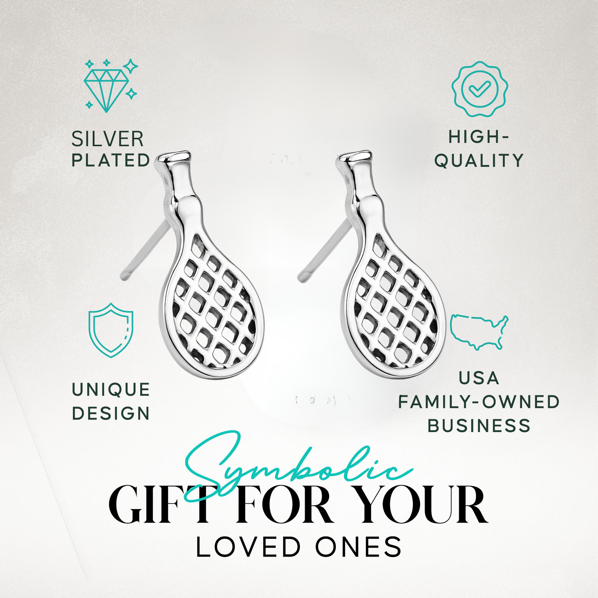 Gift-ready packaging of tennis racket earrings with icons for hypoallergenic material