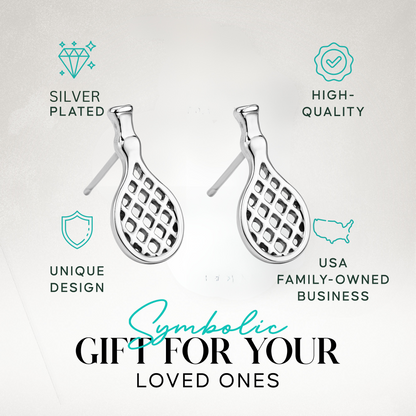 Gift-ready packaging of tennis racket earrings with icons for hypoallergenic material
