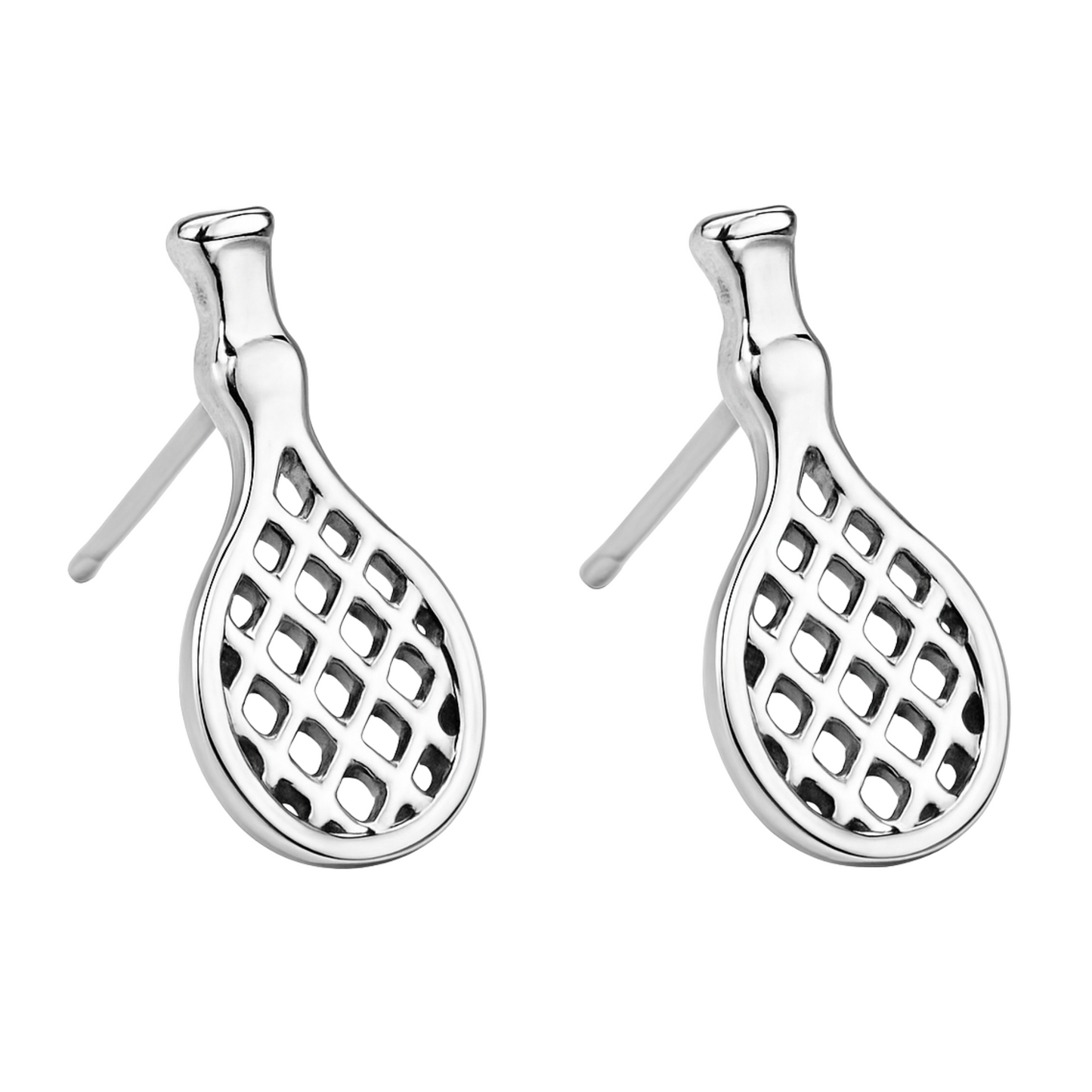 Silver-tone tennis racket stud earrings with detailed charm design and post back