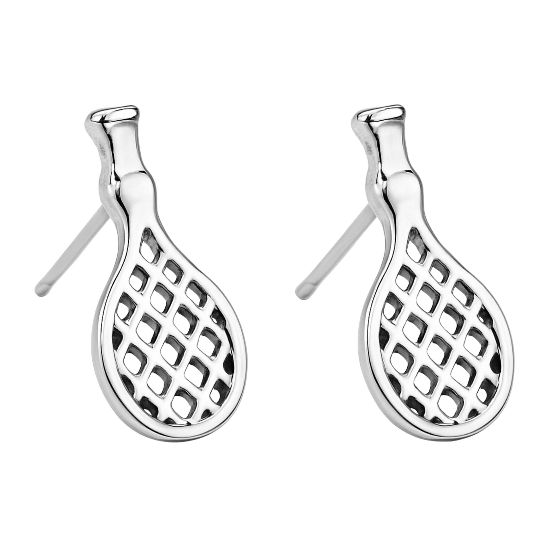 Silver-tone tennis racket stud earrings with detailed charm design and post back