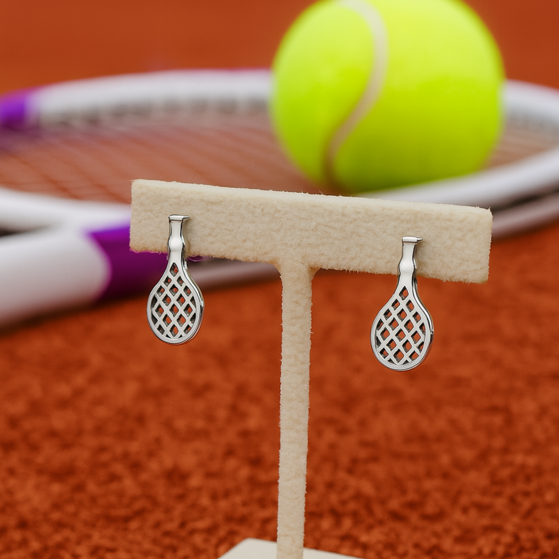 Tennis racket earrings displayed with tennis ball prop on court surface background