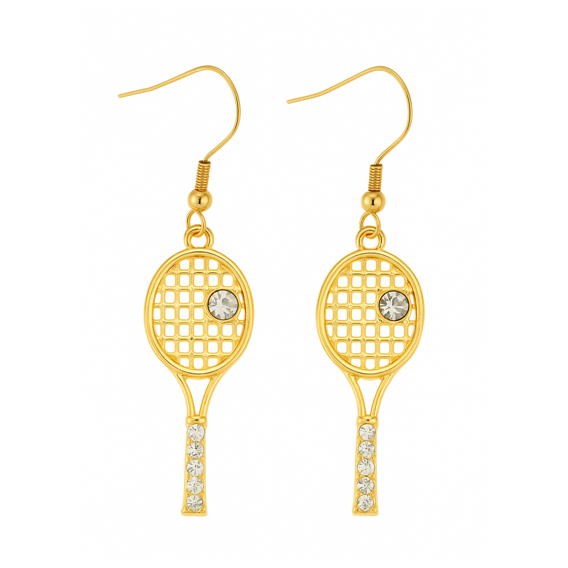 Gold-plated tennis racket rhinestone dangle earrings displayed with tennis ball